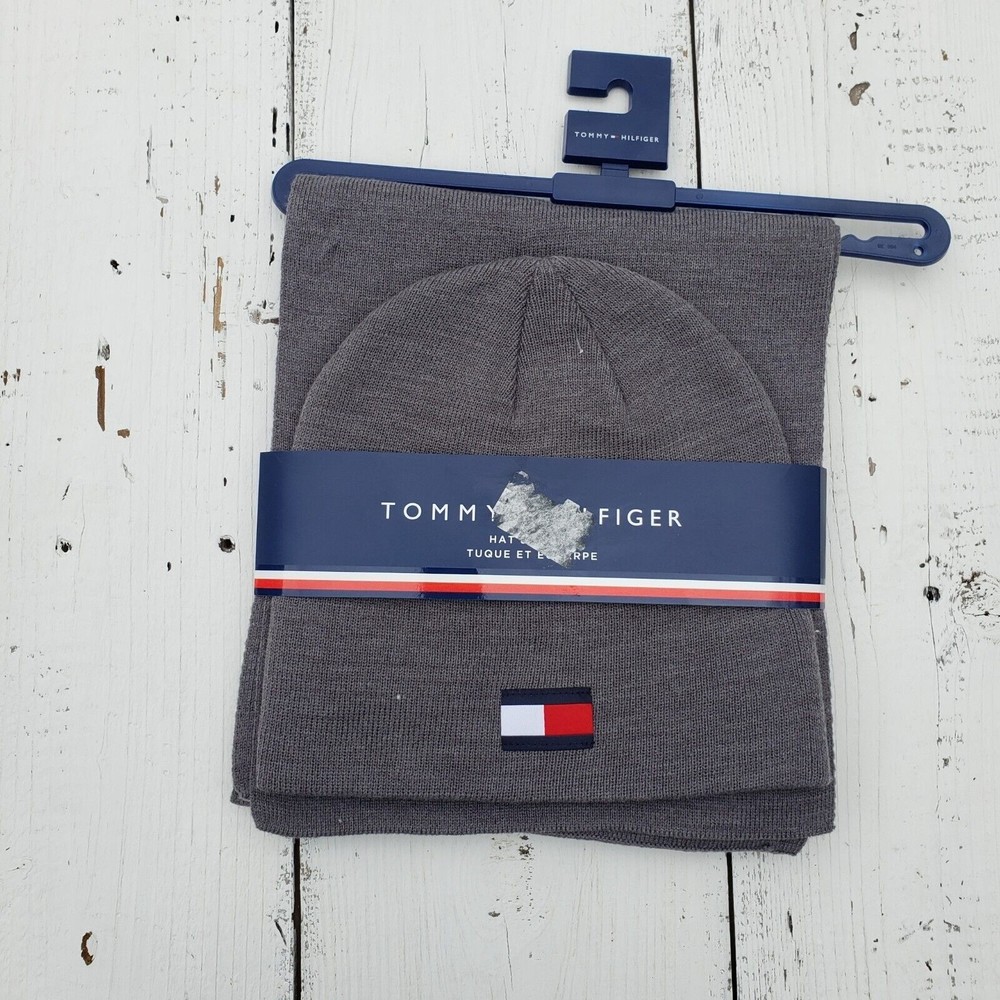 Tommy Hilfiger Men's One Size Logo Scarf + Hat Set Grey NEW